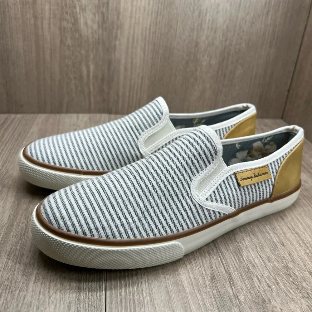 Tommy Bahama Striped Canvas Slip On Sneakers Womens 8.5 Flat Low Top White Gray - Picture 10 of 14